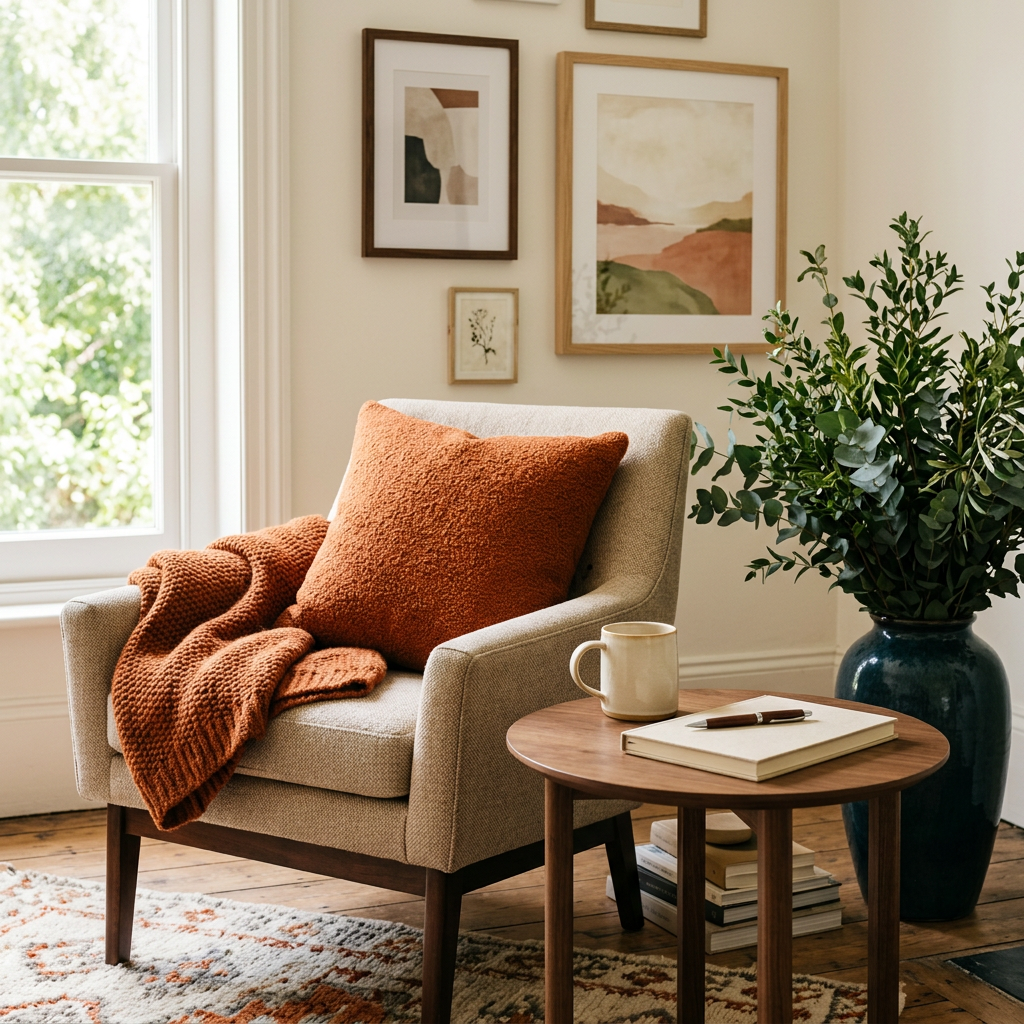 A warm reading nook with an armchair, burnt-orange cushion, side table with mug and notebook, and greenery in the background